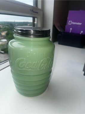 Coca Cola Light Green Glass Storage Jar with Metal Lid/Cookie Jar
